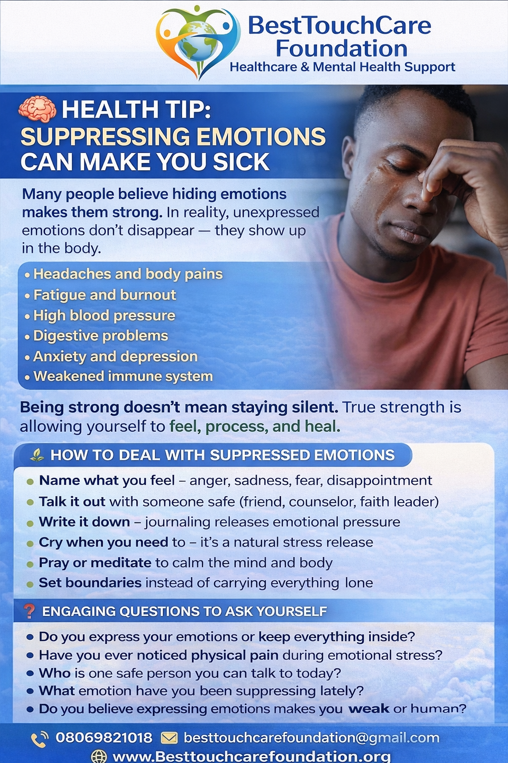 Suppressing emotions doesn’t make us strong — it makes us sick. Emotional health is part of total health. Let’s talk about it.